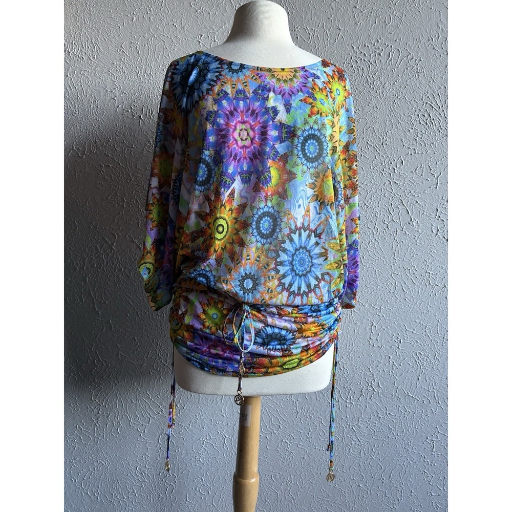 Luli Fama Medium Kaleidoscope Print Batwing Swim Cover Up Resort Tunic - Picture 12 of 16